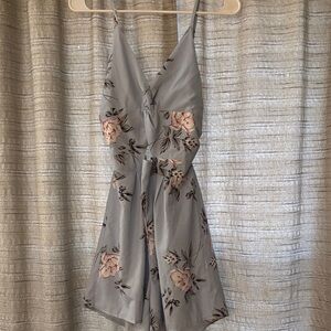 Dusty Blue Floral Spaghetti-Strap Romper with Waist Tie